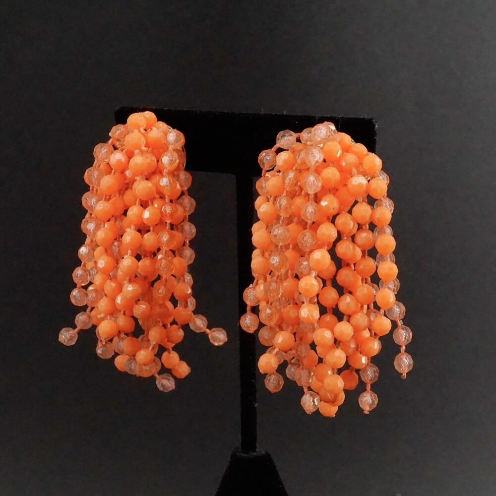 Vintage Cha Cha Clip-On Beaded Waterfall Earrings Orange Acrylic Retro - Picture 2 of 4